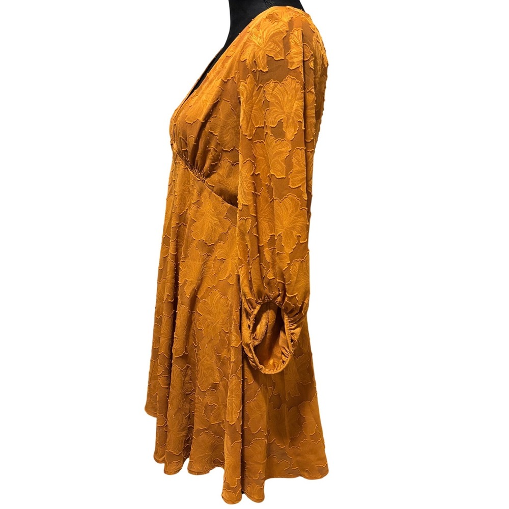 Anthropologie Mini Dress Womens 4 Dark Orange Gold Floral V-Neck Bishop Sleeve - Picture 3 of 8